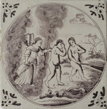 Load image into Gallery viewer, 18th.Century Dutch Manganese Delftware Tile The Expulsion From The Garden Of Eden Circa.1740
