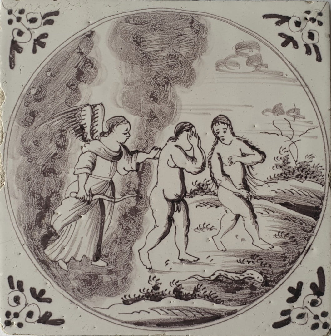 18th.Century Dutch Manganese Delftware Tile The Expulsion From The Garden Of Eden Circa.1740