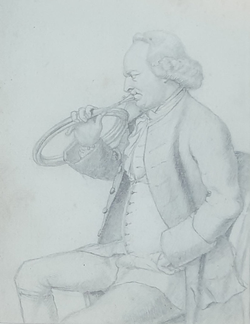 J.T. 18th.Century British School Portrait Drawing Gilbert A Famous French Horn Player In The Neighborhood Of Rotherham 1765