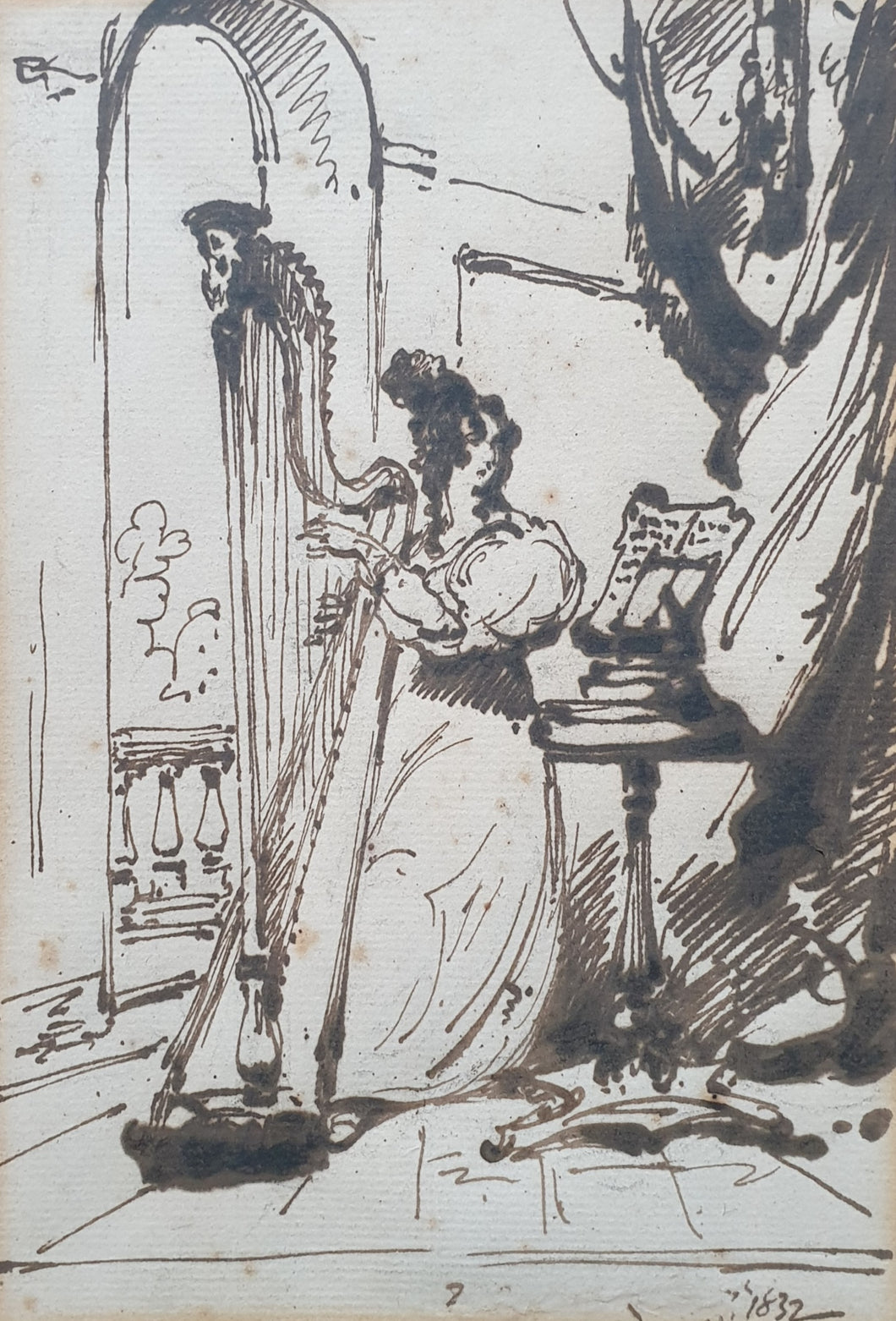 George Chinnery Pen And Ink Study Of A Lady Playing A Harp 1832