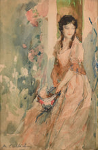 Load image into Gallery viewer, Antoine Calbet Watercolour Study Of A Young Woman Holding A Bonnet Circa.1900
