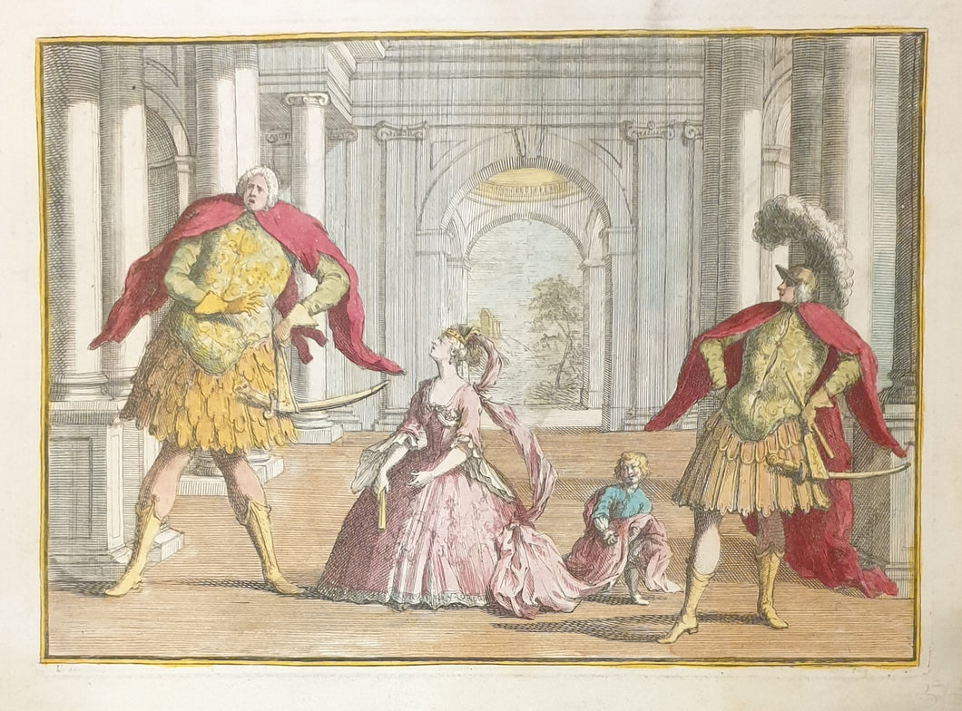 Early 18th.Century Hand Coloured Etching Gaetano Berenstadt, Francesca Cassini And Francesco Bernardi In Handel's Opera Flavio At The King's Theatre Haymarket 1723