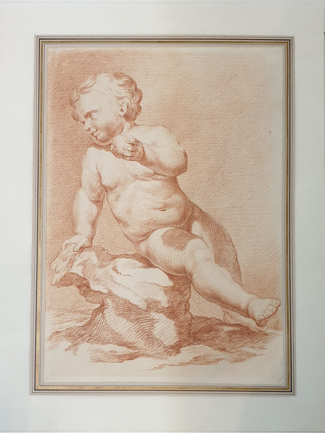 Italian School 18th.Century Red Chalk Drawing Study Of A Putto Holding An Apple